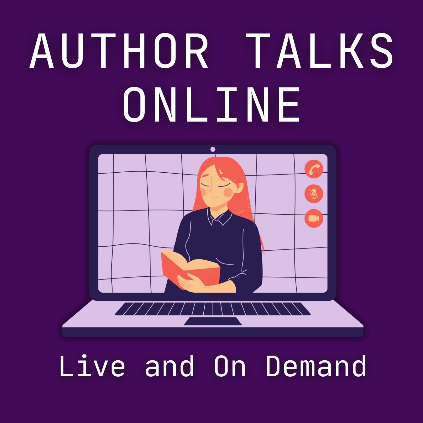 Illustration of a laptop computer with a person reading from a book. Author talks online, live and on-demand